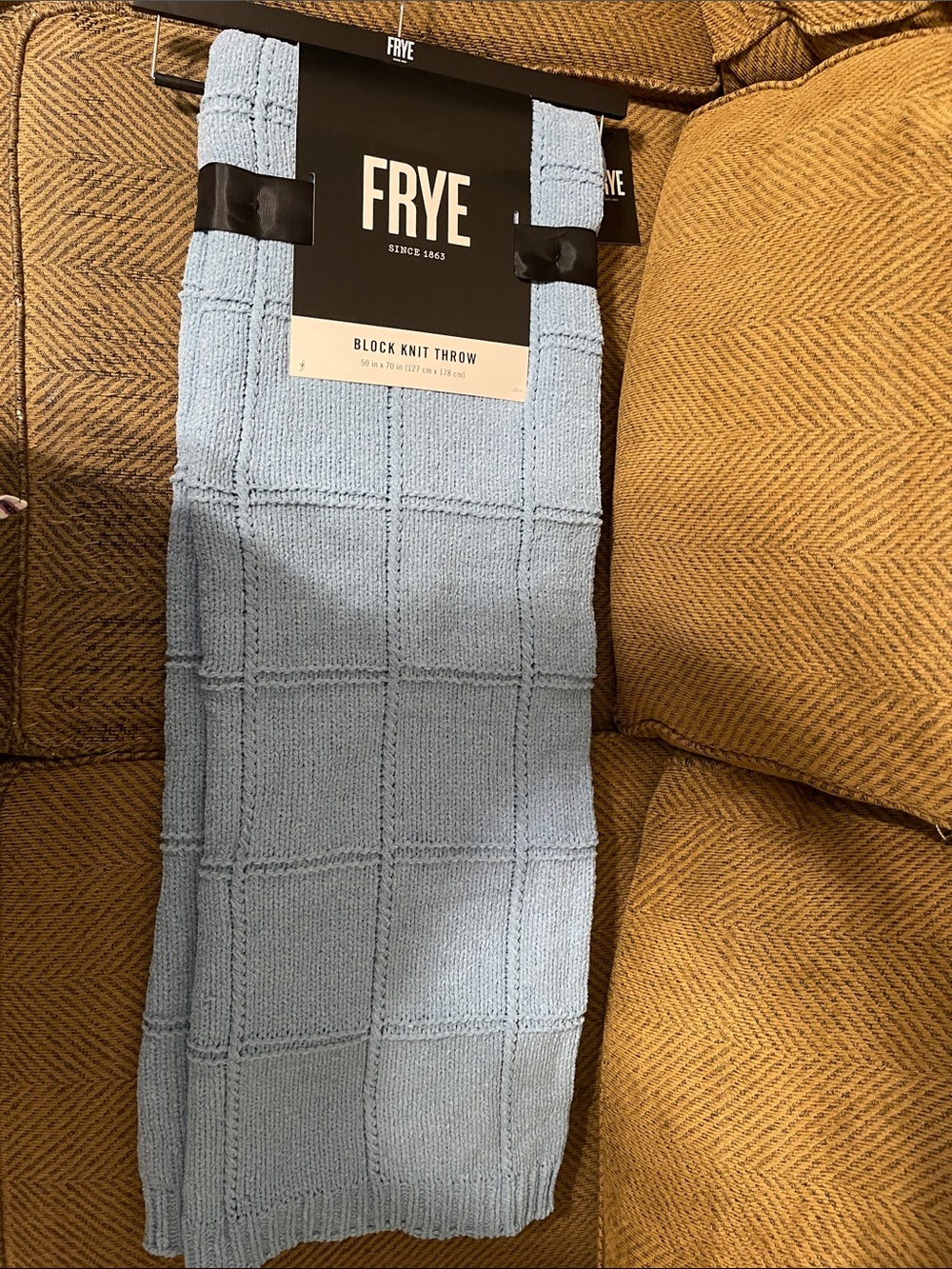 FRYE Light Blue Block Knit Throw Blanket - Picture 3 of 5